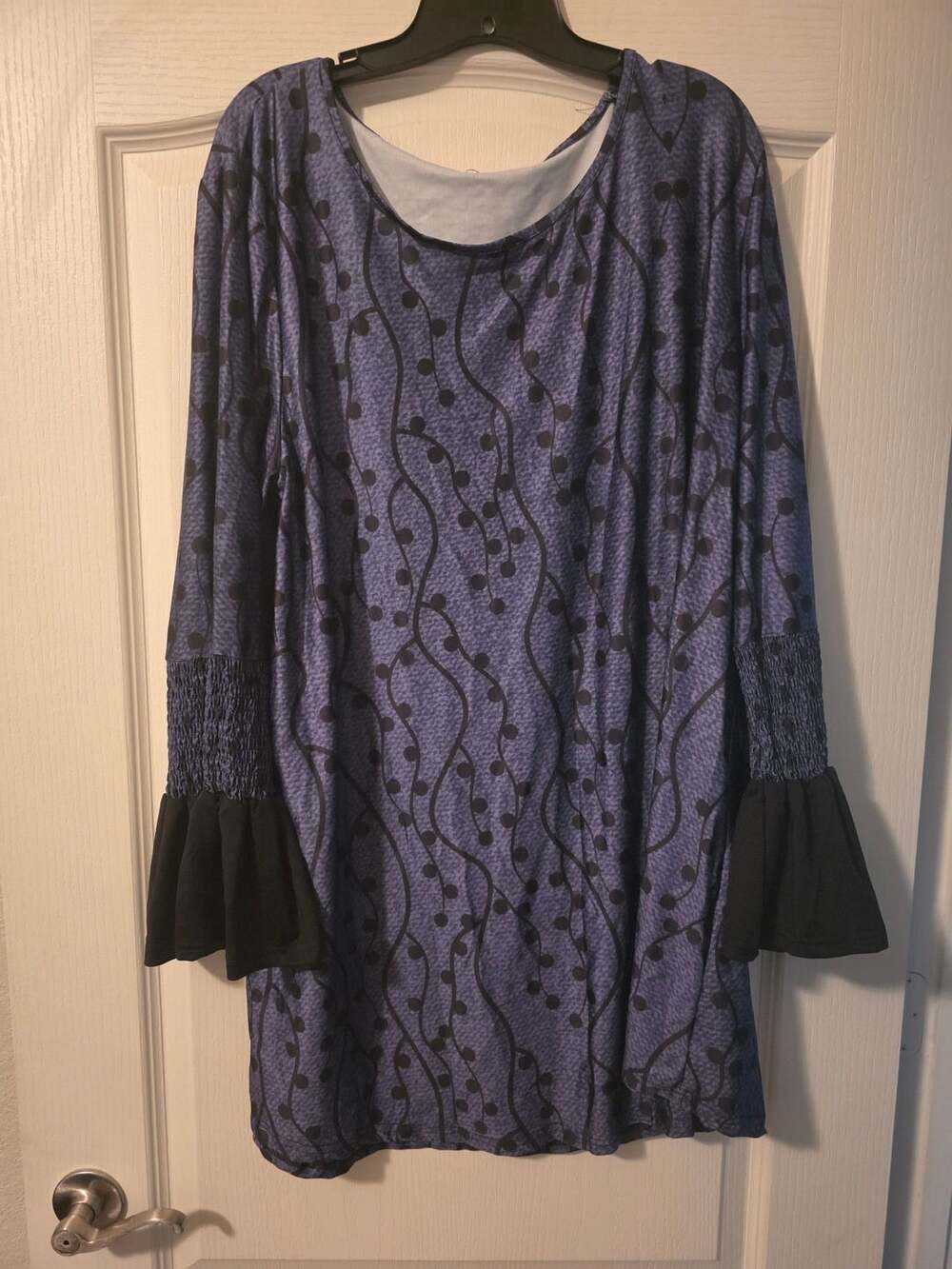 Simply Aster Tunic Top Midi Dress 3X Blue Black Swirl Print Ruffle Bell Sleeve